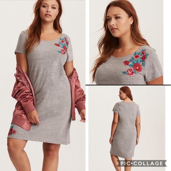 torrid Dresses & Skirts - Torrid Gray Floral Embroidered Tee Shirt Dress